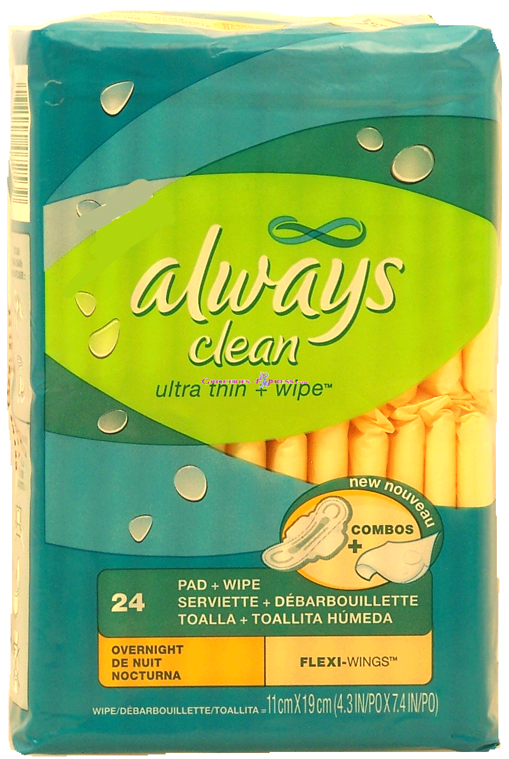 Always&nbsp;clean&nbsp;ultra thin pads + wipe, overnight, flexi-wings Full-Size Picture
